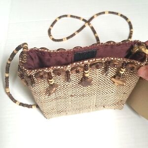 Coconut Planet Crossbody Shoulder Bag. Beige/brown/tan fabric.Beaded strap.